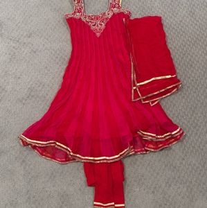 Churidar with pink and red top